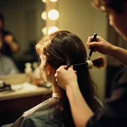 a 3 5 mm photo from the back of a woman getting her hair done at the hairdresser in the 1 9 6 0 s, bokeh, canon 5 0 mm, cinematic lighting, dramatic, film, photography, golden hour, depth of field, award - winning, 3 5 mm film grain
