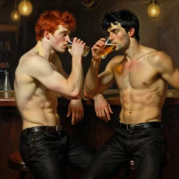 drinking their hearts out, in a pub. pants, attractive muscular male with red hair and attractive muscular male with black hair. very defined and highly detailed painting by j. c. leyendecker, gaston bussiere, craig mullins 8 k
