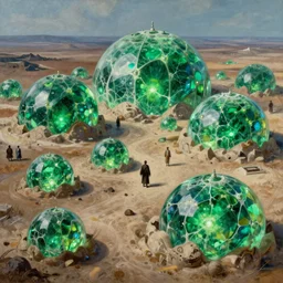 hyper detailed painting of giant domes made of bright, shining, vibrant green emerald plasma, sprawling across majestic parched plains, by francisco goya and rembrandt, unsettling, mysterious, by stephan martiniere and alexander fedosav, hyperrealism, 8 k resolution, behance hd, artstation, nightcafe