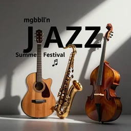 mgbdlln jazz summer festival poster, guitar, saxophone, double bass, strings, notes modern digital art, minimalism