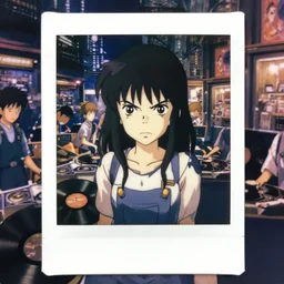 a full body 2 polaroid angry portrait of a 2 0 0 6's disney girl 7 5 working at a vinyl stall 7, finely detailed features, closeup at the faces, perfect art, busy cyberpunk city, gapmoe yandere grimdark, trending on pixiv fanbox, painted by ilya kushinov makoto shinkai takashi takeuchi studio ghibli, akihiko yoshida,