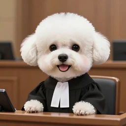 a closeup photorealistic photograph of a cute smiling white bichon frise judge wearing a black gown and addressing the courthouse. this 4 k hd image is trending on artstation, featured on behance, well - rendered, extra crisp, features intricate detail, epic composition and the style of unreal engine.