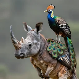 a high resolution realistic close up photo portrait of a rhino birdlike creature made of birds merged kangaroo, ork bower bird creature wrinkles pheasant, complex feathers exotic morphing hoopoe, zebra morphing wings king vulture head