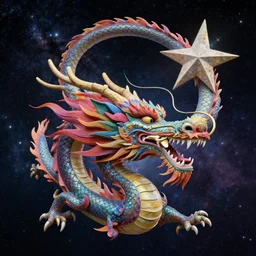 a beautiful kinetic sculpture of a dragon in space by justin gerard. the dragon is in the foreground with its mouth open, revealing rows of sharp teeth. its body is coiled and ready to strike, and its tail is wrapped around a star in the background. the colors are bright and the background is full of stars and galaxies. the overall effect is one of chaotic energy and movement. pale by jane newland peaceful, melancholic