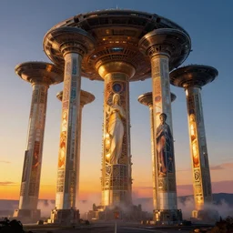 psychedelic transcendent, pillars of creation, spaceship, enlightenment, high contrast lighting, refracted sunset, highly detailed, concept art, art by collier, albert aublet, krenz cushart, artem demura, alphonse mucha