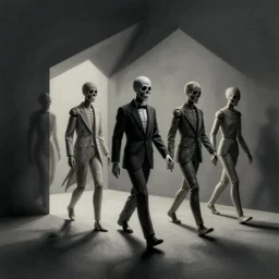 spooky escher print of manequins walking hand in hand