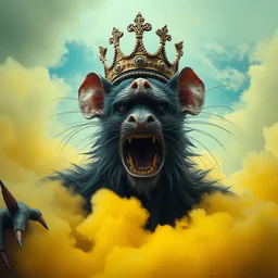 full shot of a crying!!!! king of rats!!, covered in yellow and blue clouds, evil, scary, demonic, cloudcore, by kim keever