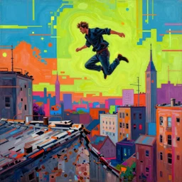 realistic detailed image of a man jumping of a roof of ruined city by adrian ghenie and franz marc, high quality, ultra detailed. masterpiece, oil on canvas painting, pixel sorting, glitch, datamosh. bold and vivid acid neon colors. 8 k