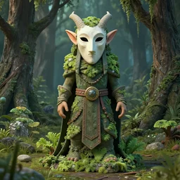 elven masked deity in the lichen woods. this 3 d render by an indie artist has an interesting color scheme, plenty of details and impeccable lighting.