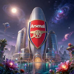 a beautiful photorealistic rendering of arsenal city building architecture by b. v. doshi, at night steampunk uranus cosmic universe magic realism morning sun water myst cgsociety retrowave bioshock reclaimed by nature crystal uv light san andreas synthwave sea extraterrestial galactic flowers, archdaily, wallpaper, highly detailed, trending on artstation.