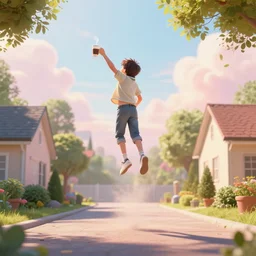 a young boy with coffee, just launching into the sky from his driveway. realistic 4 k octane render, epic composition, magical atmosphere, ultra hd, masterpiece by pascal campion and anton fadeev, trending on artstation, looking back over shoulder, pastel colors, extremely detailed, gorgeous