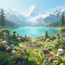 a paradise garden land of the dead divine hazy volumetric lighting snowy summits in the background vast turquoise lake lush flora