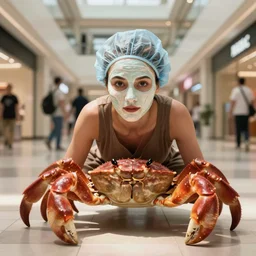 Woman with botched plastic surgery on her face doing the crab walk at the mall