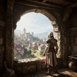 delicious view from standing inside the interior dingy wooden castle tower looking out at the medieval village below atmospheric unreal engine hyperreallistic render 8 k concept art masterpiece screenshot from the video game assassin's creed odyssey 2 7 0 0 k global illumination