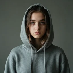a portrait of a moody female teenager in a hoodie, photograph