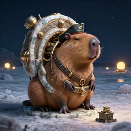 beautiful digital fantasy illustration of a Birth Machine, Capybara pirate, keeping vigil over the salt flats, lights in the night, highly detailed, soft lighting, rendered in octane, masterpiece, very very very aesthetic, exquisite marble details