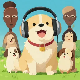 maximalist joyful dog, headphones, pixiv fanbox, makoto shinkai takashi takeuchi studio ghibli, akihiko yoshida, yoshitaka amano, wangechi mutu, clean cel shaded vector art. shutterstock. behance hd by lois van baarle, artgerm, helen huang, rossdraws, illustration