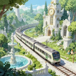 A train subway inside a beautiful elven city made of white marble, anime, lush trees, fountain, statue, big clock, trains, a fantasy digital painting by Greg Rutkowski and James Gurney, trending on Artstation, highly detailed