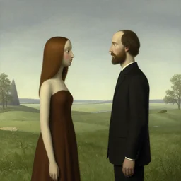 symmetry!! they looked at each other, surreal landscape, serene, peace, very detailed, perfect composition, perfect lighting, 4 k, greg rutkowski, rene magritte, tim white, artgerm