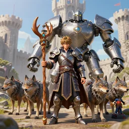 warforged druid male anime character, wooden staff wizard, wolf armor, wolf pack, a pack of wolves, wooden antlers, made of wood, made of metal, large robot, knight, knight armor, large castle, medieval castle, wolf pack following, 3 d render beeple, realistic detailed octane render, pop up parade figure