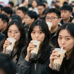 photo of a crowd of people drinking boba milk tea staring at the camera, hyperrealistic, 4 k