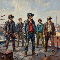 junky men on rooftop, cybertronic gadgets and vr helmet, durty colours, rotten textures, rusty shapes, biotechnology, norman rockwell, tim hildebrandt, mark maggiori, jeff dekal, long shot, hyperrealistic oil painting on canvas, deep depth field, cinematic composition, hyper - detailed, hdr, 8 k, 4 k