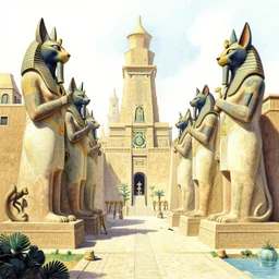 A beautiful illustration of an Egyptian River city guarded by massive statues of anthropomorphic Feline gods by Robert McCall and Ralph McQuarrie | sparth:.2 | Time white:.2 | Rodney Matthews:.2 | Graphic Novel, Visual Novel, Colored Pencil, Comic Book:.1 | unreal engine:.3 | establishing shot:.7