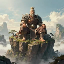 a huge war monk sitting on a giant cliff, beautiful scenery, digital masterpiece