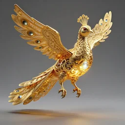 hollow gold filigree peafowl golem, with a bright gem inside it. visible clockwork, bright internal light, flying, detailed 8 k, kaladesh, fantasy, award - winning photography trending on artstation, cgsociety, deviantart