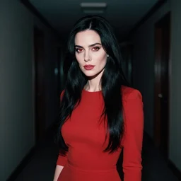 woman with long black hair and red eyes standing in a dark hallway, wearing a red dress, 8k, photography, professional, cinematic lighting, film, high quality, depth of field, dark colors,