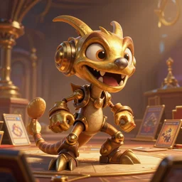 ratchet and clank on the set of who wants to be a millionare, D&D, fantasy, cinematic lighting, highly detailed, digital painting, artstation, concept art, smooth, sharp focus, illustration, warm light, cozy warm tint, magic the gathering artwork, volumetric lighting, 8k, no gold, no gold colours, art by Akihiko Yoshida, Greg Rutkowski