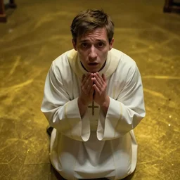 A terrified young catholic priest wearing white kneeled in passionate prayer. His eyes are wide open with fear. Ominous dramatic yellow lighting. Close-up shot from above, 4K photograph, 85mm sigma