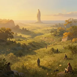 symmetry!! god overlooking a surreal landscape of a dream, lucid dream, people, very detailed, serene, peaceful, golden hour, perfect lighting, perfect composition, digital art, illustration, frederic edwin church, tom white, 4 k
