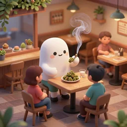 cute and funny cartoon of australian cafe teaching customers how to smoke cannabis for the first time, axonometric render by pixar