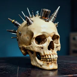 promotional photograph of an atompunk skull (1955), retrofuture