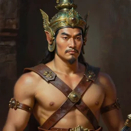 smart tai warlord, ayutthaya, closeup portrait, without beard and mustache, historical hero, ethnic group, tai costume, tai traditional bronze headdress, intricate, with leather armor cross on bare chest, elegant, loin cloth, highly detailed, oil painting, artstation, concept art, matte, sharp focus, illustration, hearthstone, art by earl norem