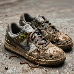 a pair of extremely dirty rotten decomposed nike sneakers with worms and beetles on them, disgusting, dirt, mud, moss, trashed, shit