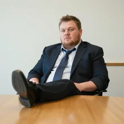 Chubby clean-shaven white businessman sitting at a wooden conference table with a black shoe laying on table