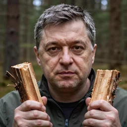 viktor orban in a forest, highly detailed face, holding a wood piece, sovietwave