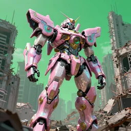 hyperrealistic ornate mecha iridescent pink brutalist city ruins background concept art santiago caruso de chirico sharp very dramatic green light 8k low angle shallow depth of field