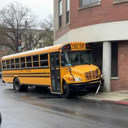 School bus crashing into a building