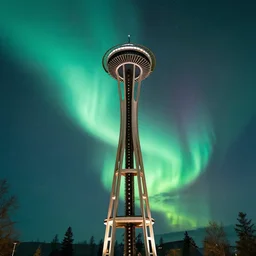 vivid and beautiful aroura northern lights in figure of virgin mary in the big sky above space needle centered, film long exposure fuji wide angle national geographic