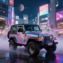 lonely itasha 1997 hardtop Jeep Wrangler off road, digital painting, beautiful iridescent fog swallows urban Shibuya, planets can be seen in the sky above, beautiful, neon night, cinematic, extraordinary, colorful, photorealistic, ultra realistic, lights and shadows, beautiful reflections, smooth