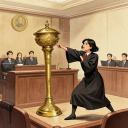 judge judy takes huge hit from ornate bong. court room sketch