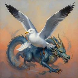 painting of hybrid seagull and dragon!!, intercrossed animal, by zdzislaw beksinski, by lewis jones, cold hue's, warm tone gradient background, concept art, digital painting