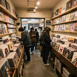 interior of a record store, cozy atmosphere, anime style, customers talking to each other, highly detailed