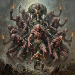 oil paint chromed flayed gods, in tiers, colossal medical gangrene machines, awe, in tiers, insane speed actions, crashing, by wayne d barlowe, boris vallejo, stefano tamburini, torch light, muted colors, epic, hyper detailed, awe inspiring, award winning horror, hyper realism, cinematic