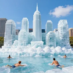 a painting of ice sculptures made of icecream in the shape of the skyline of new york on a very sunny summer day, very hot and the ice is melting fast and people are swimming in the icecream in the style of james jean and fernando botero