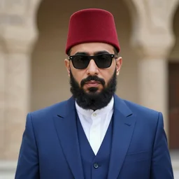 An Algerian man in an indigo suit, wearing a scarlet fez hat, black sunglasses and a thick goatee, dark and mysterious, arcane, eldritch