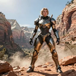 cinematography of a cinematic ultra realist and ultra intricate detailed photo of a beautiful sci-fi armored Apex legends Destiny Titanfall fall shootout in Zion national park by Emmanuel Lubezki